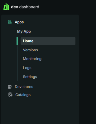 Dev Dashboard sidebar with Settings